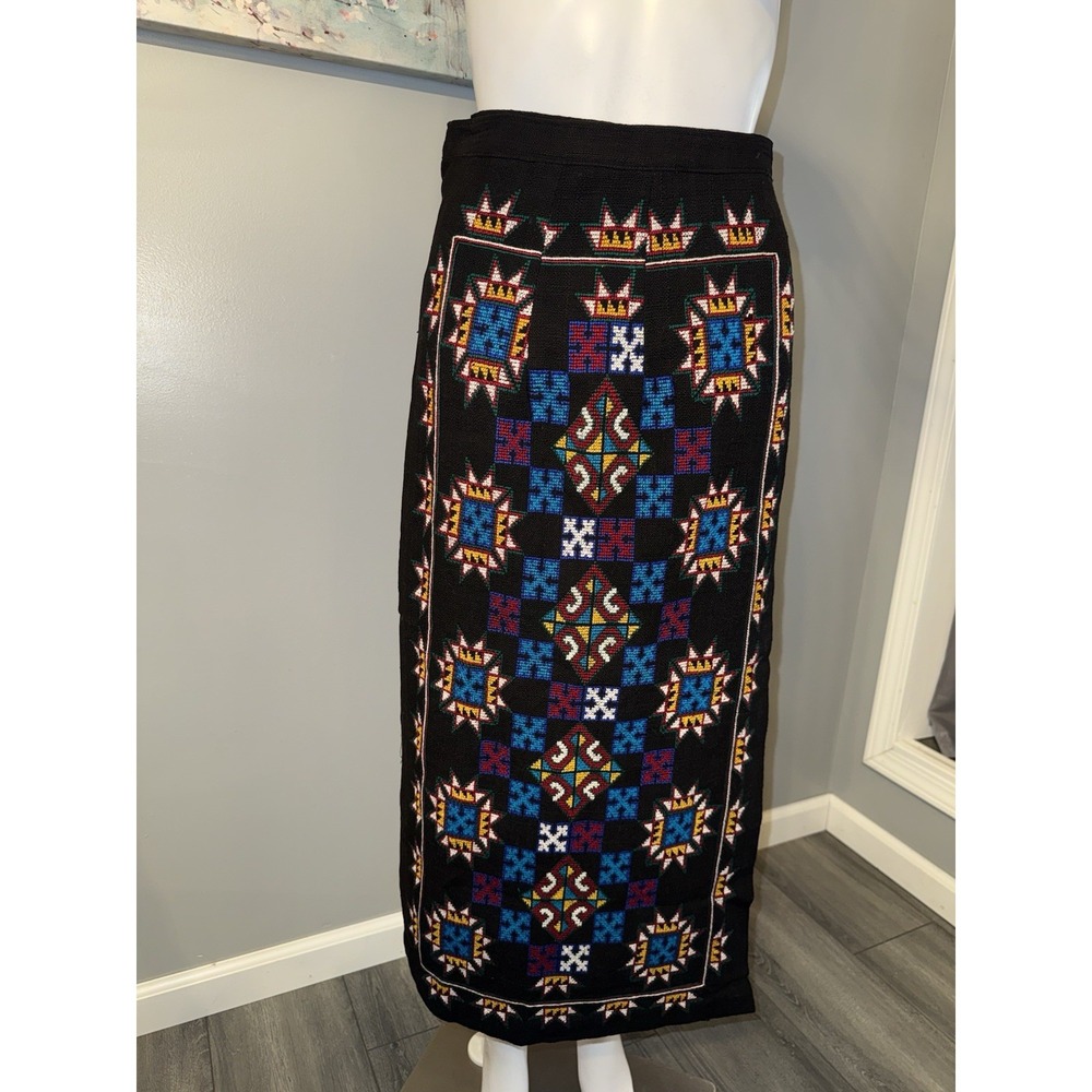 Vintage Cross Stitch Long Wrap Skirt Beautiful Detail Size 26” Colorful On Black